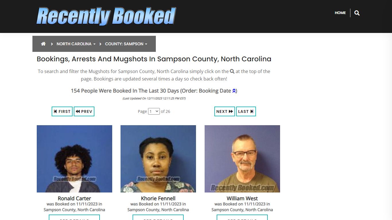Bookings, Arrests and Mugshots in Sampson County, North Carolina